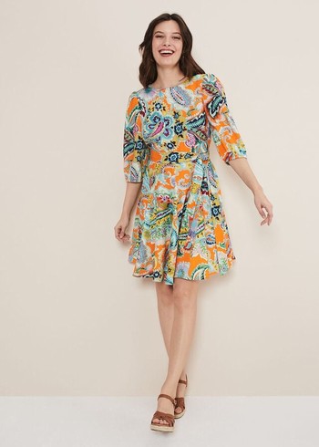 Phase Eight Azalia Paisley Linen Swing Dress Orange/Multicolor Canada | RFJZSA-569